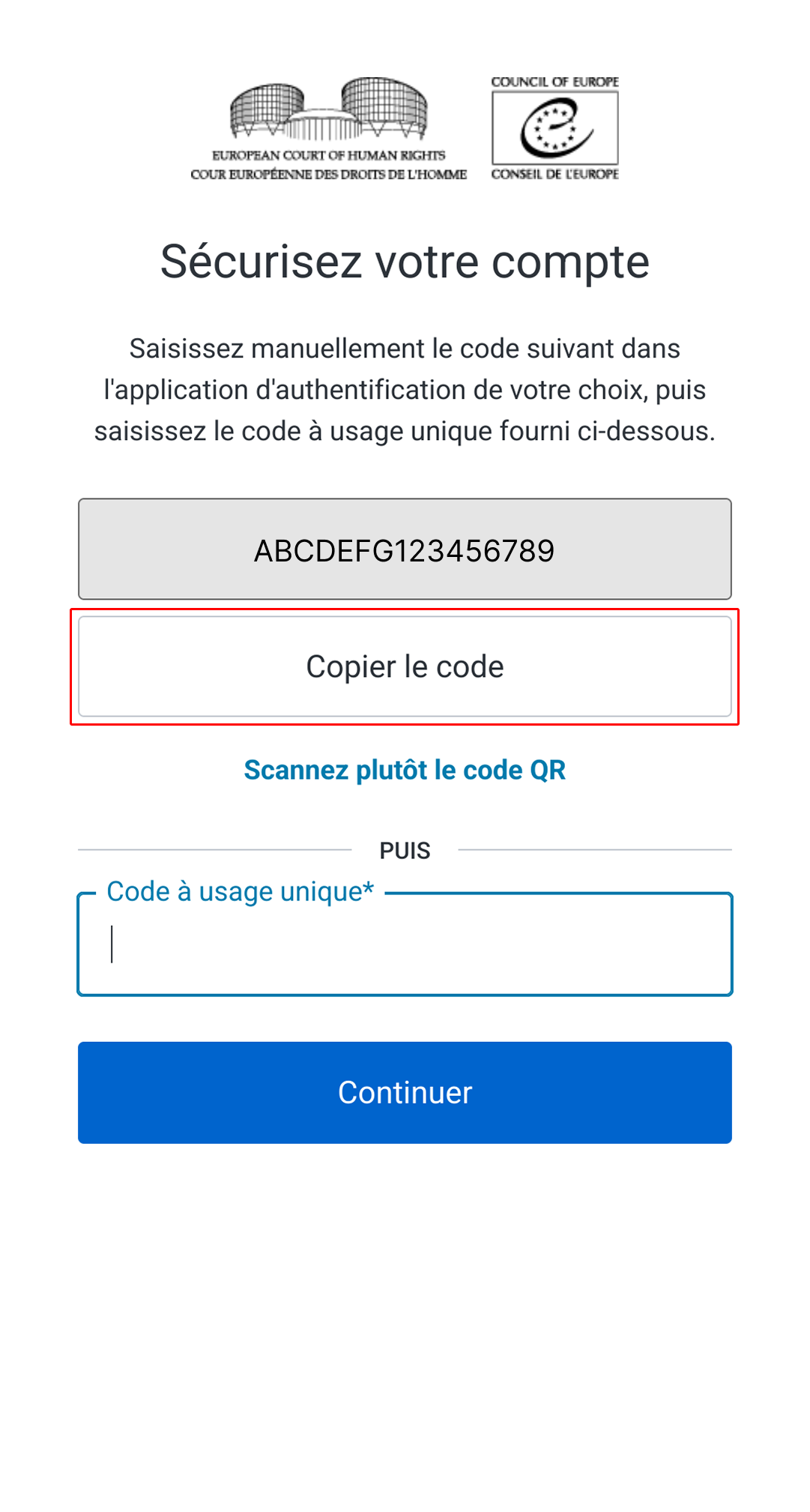 Retrieve one-time use code to setup multifactor authentication